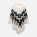 Pull poncho femme coton col montant franges motif géométrique noir gris blanc