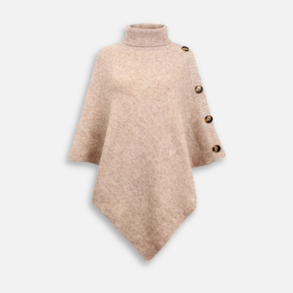Pull poncho femme beige col roulé avec boutons latéraux vue de face