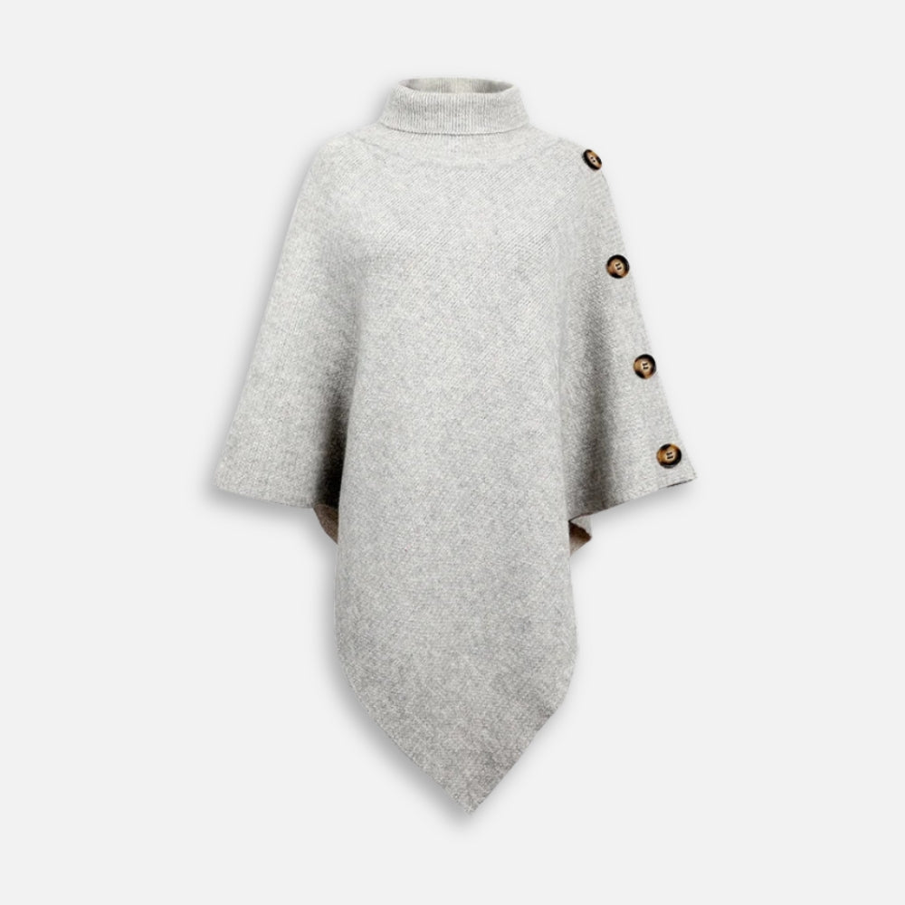 Pull poncho coton femme gris clair col roulé avec boutons marron latéraux
