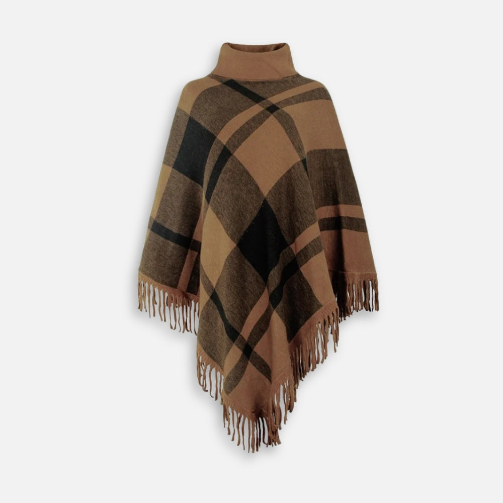 Poncho femme col roulé carreaux beige noir marron avec franges, vue de face
