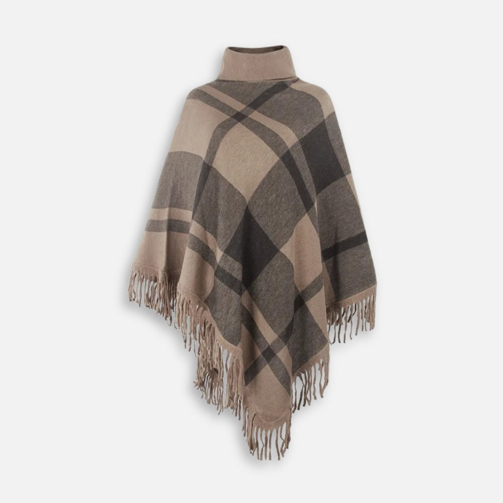 Poncho femme col roulé carreaux beige gris avec franges, vue de face sur fond blanc