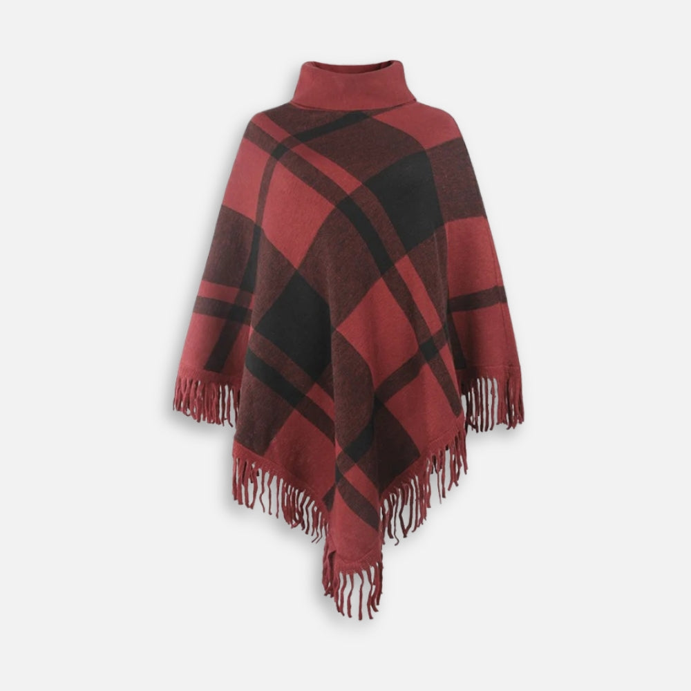 Poncho pull femme col roulé carreaux rouge bordeaux noir franges coton vue de face