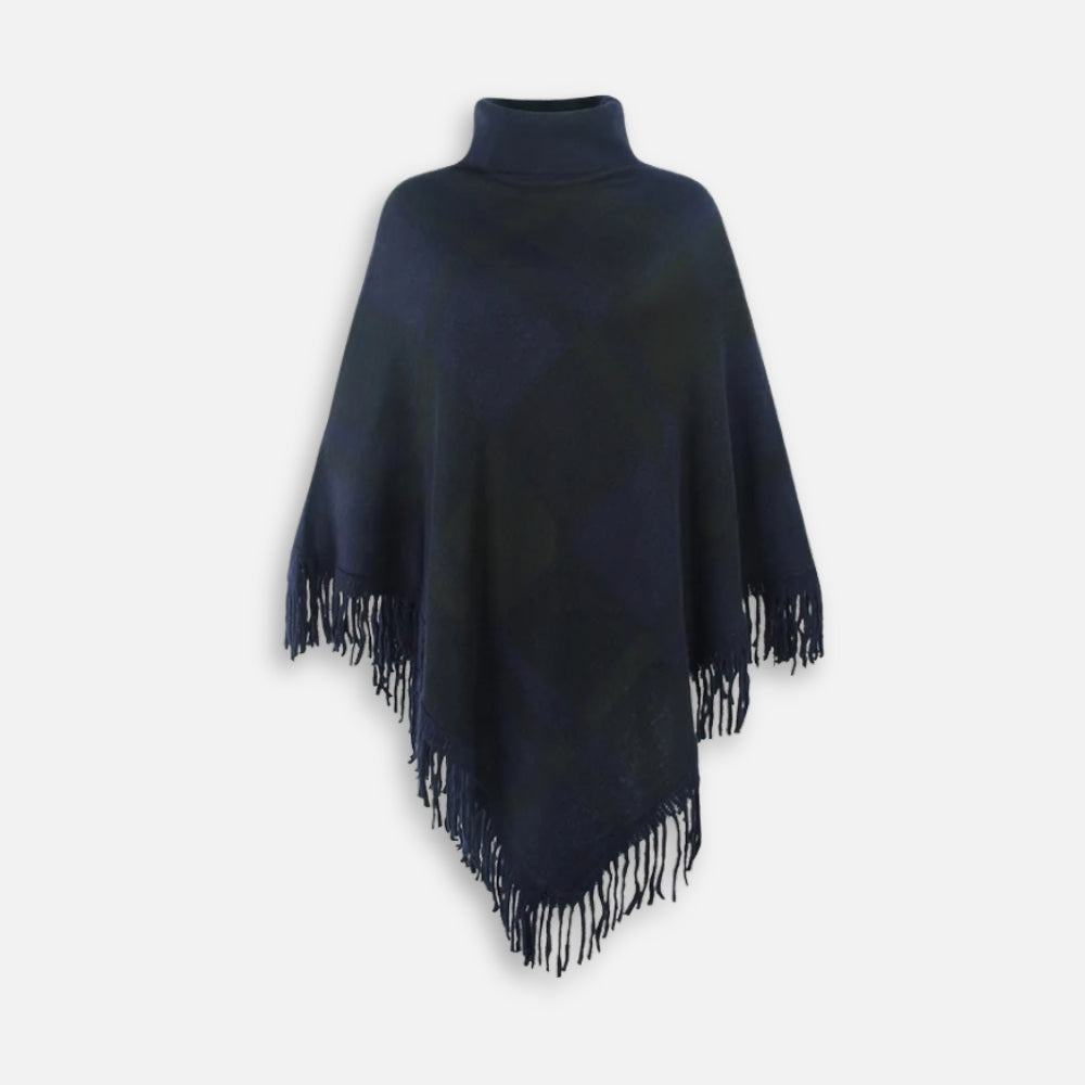 Pull poncho coton femme col roulé bleu marine avec franges aux bords, vue de face