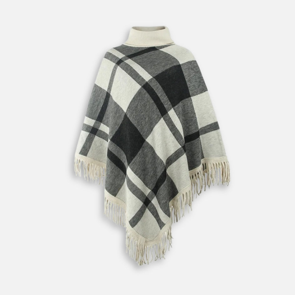 Pull poncho femme col roulé carreaux gris blanc avec franges coton