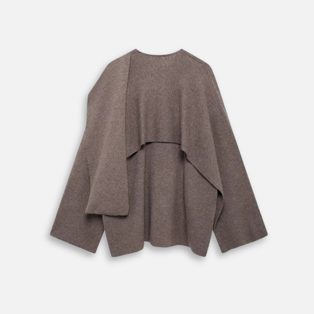 Pull poncho femme coton marron manches longues col drapé vue de face