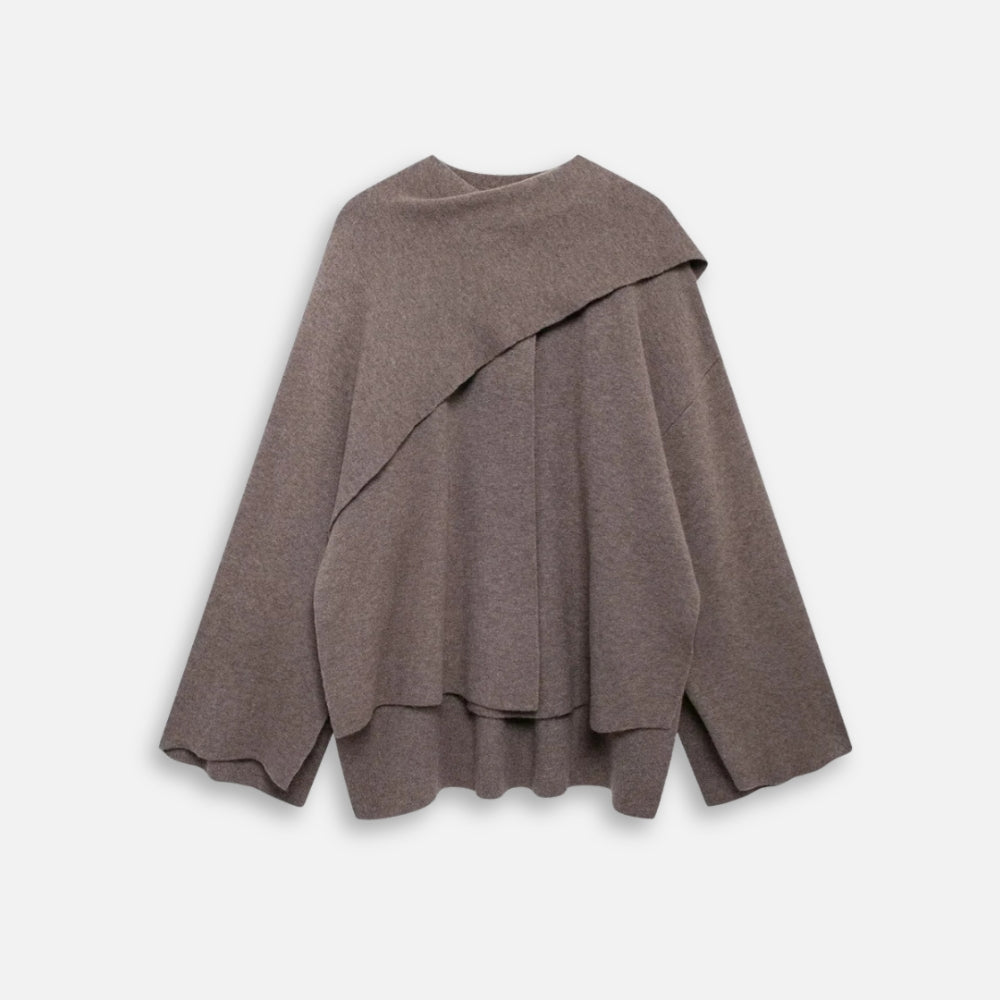 Pull poncho coton femme marron manches longues avec col drapé asymétrique