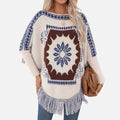Pull poncho femme coton écru bleu motifs ethniques soleil franges portée de face