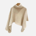 Pull poncho court beige col roulé blanc bas asymétrique en coton pour femme