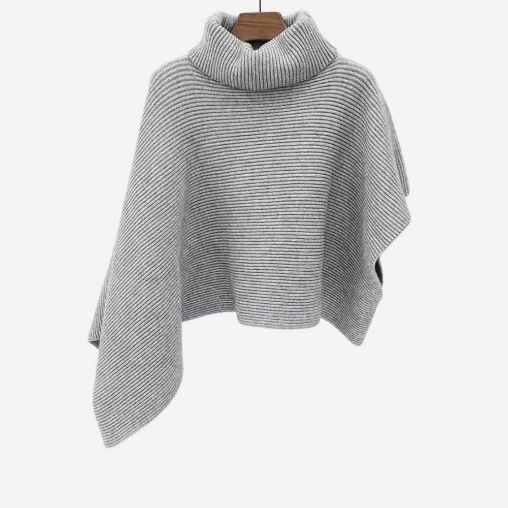 Pull poncho court femme col roulé gris clair rayures verticales asymétrique suspendu cintre