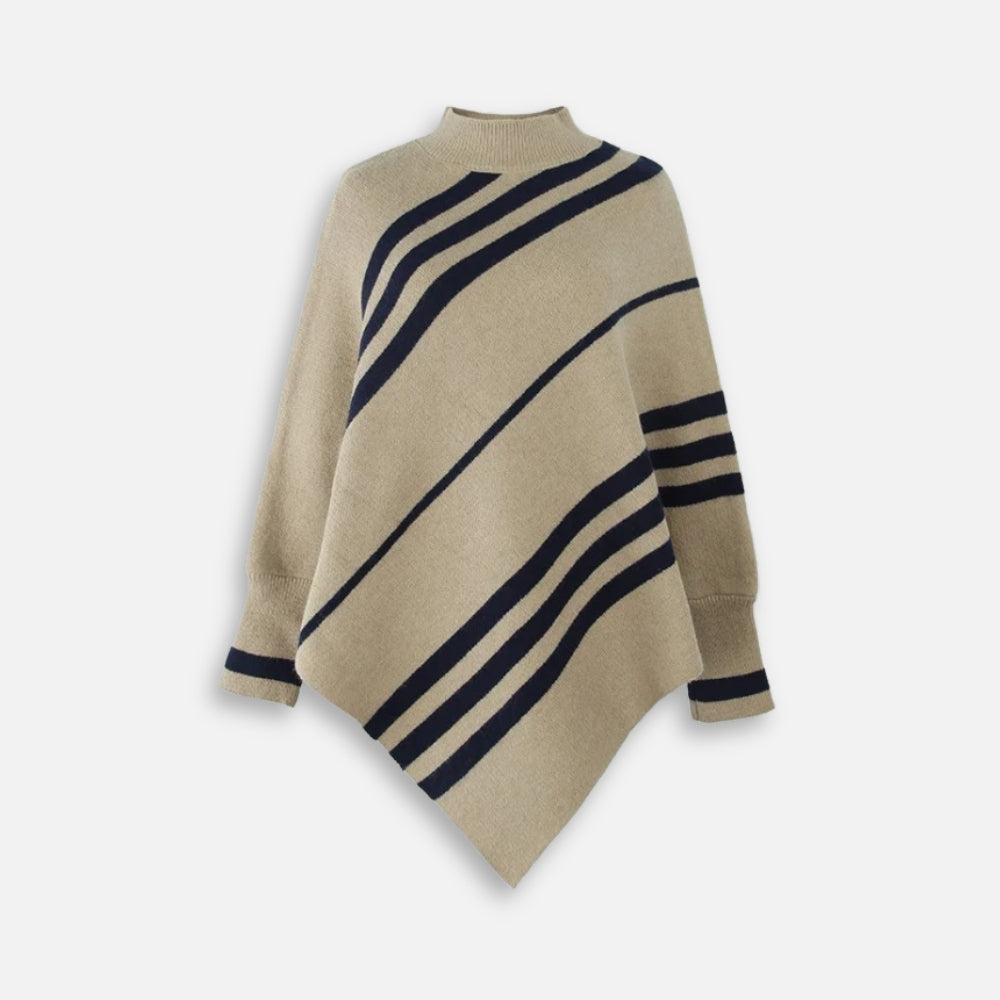 Pull poncho femme beige rayures marines col montant asymétrique coton