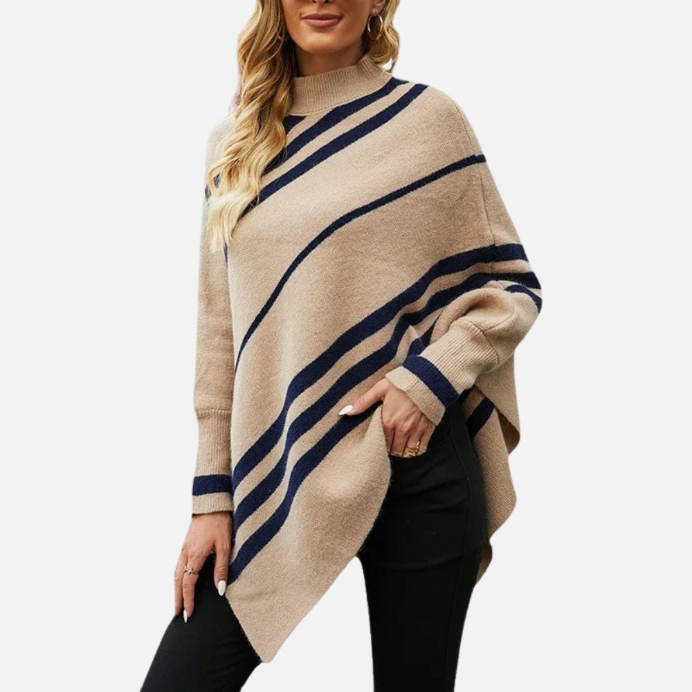 Femme portant poncho coton rayures beige marine col montant asymétrique noir