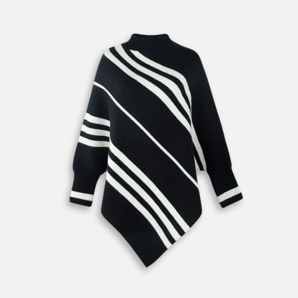 Pull poncho femme noir blanc rayures col montant asymétrique coton