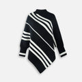 Pull poncho femme noir blanc rayures col montant asymétrique coton