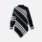 Pull poncho femme noir blanc rayures col montant asymétrique coton