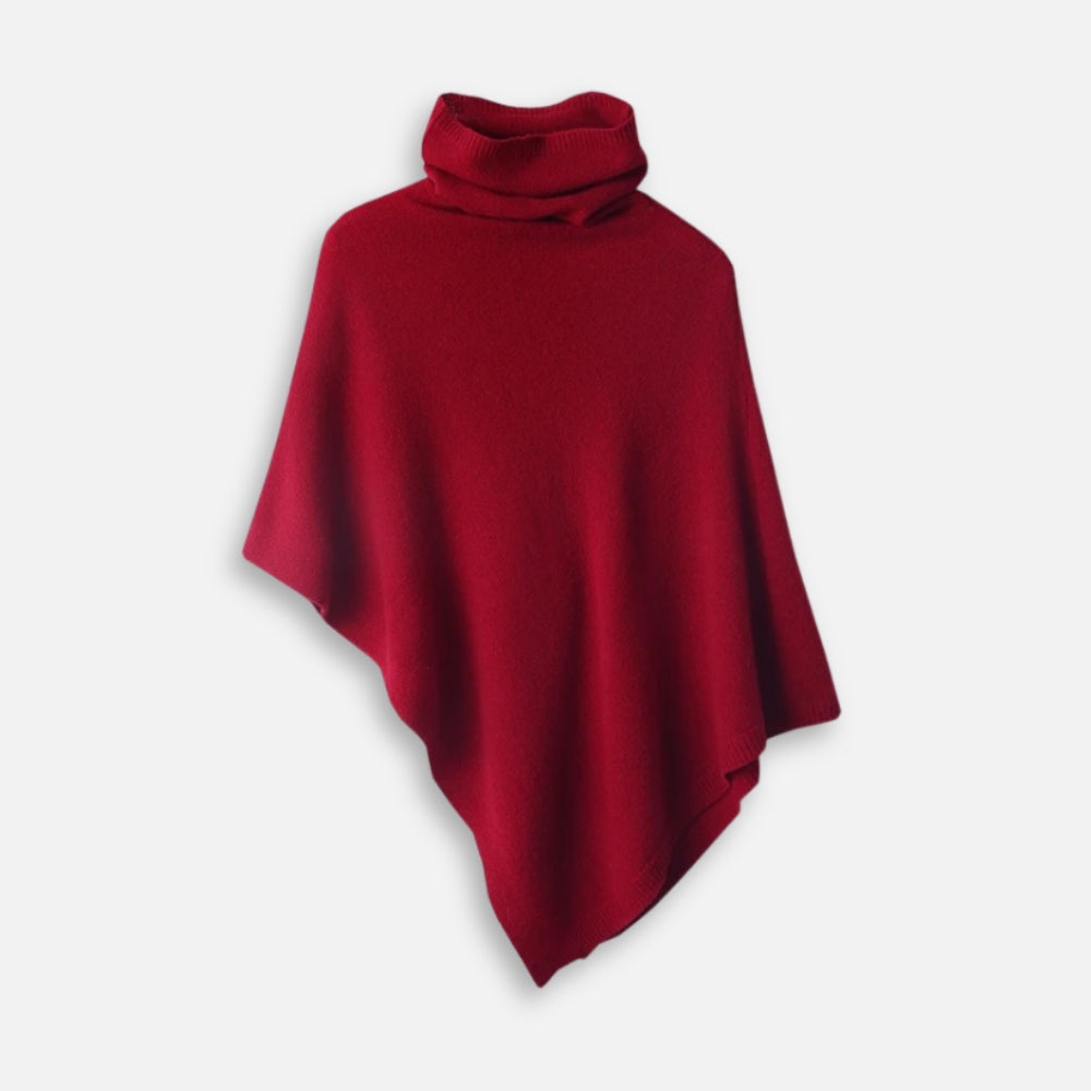 Pull poncho femme laine cachemire rouge bordeaux col roulé coupe asymétrique présenté de face