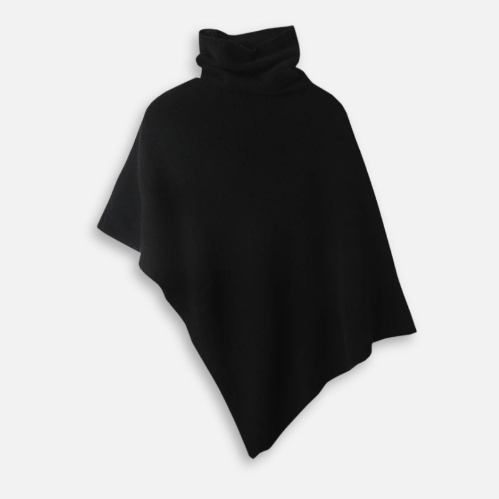 Pull poncho femme laine cachemire noir col roulé asymétrique vue de face