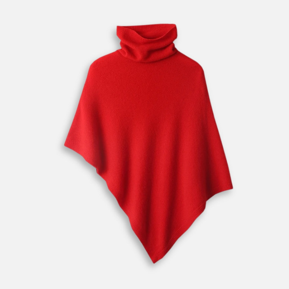 Pull poncho laine cachemire rouge col roulé asymétrique femme présenté de face
