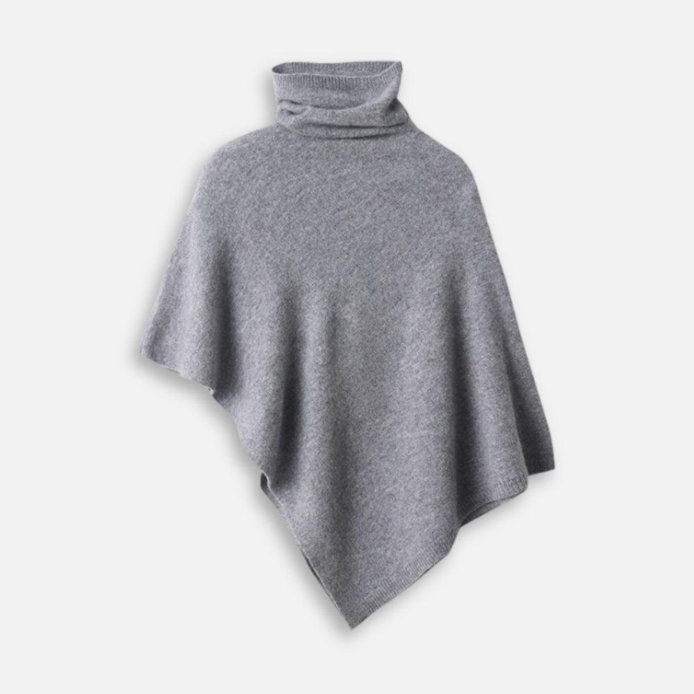 Pull poncho laine cachemire gris col roulé coupe asymétrique femme présenté de face