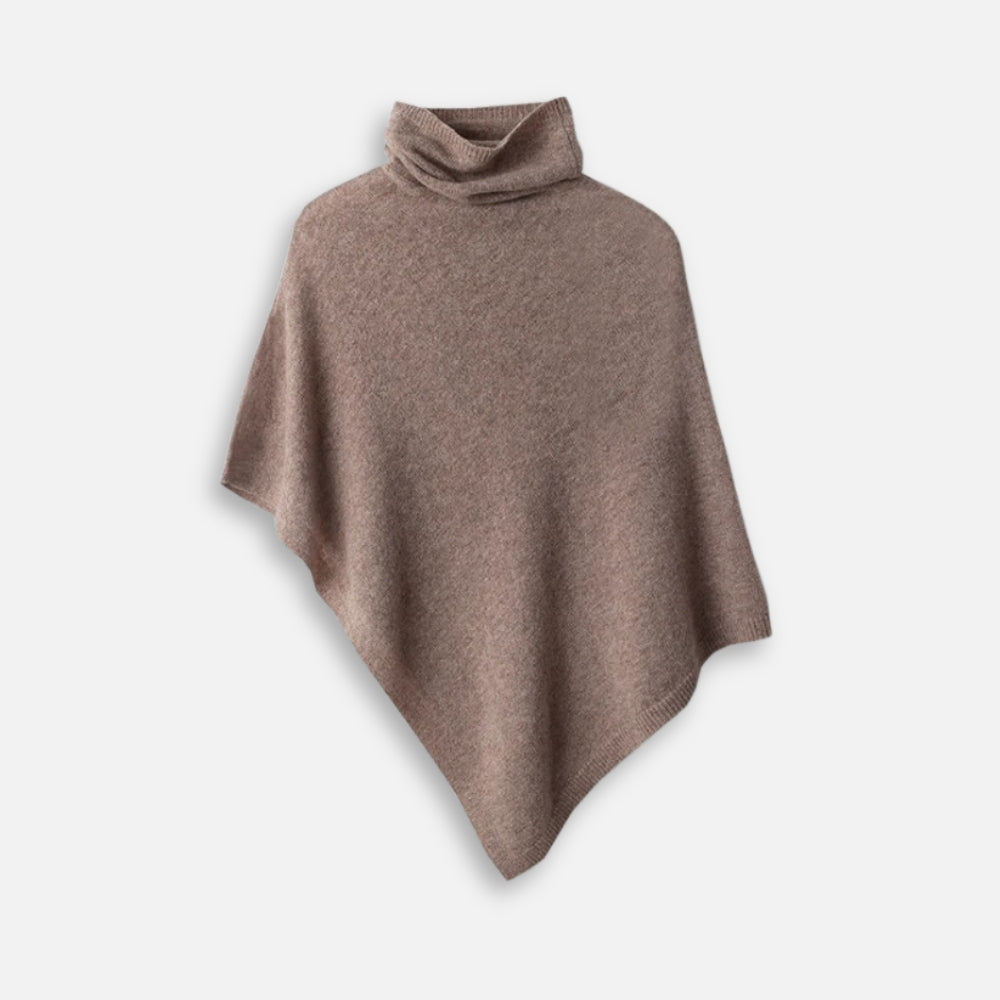 Pull poncho femme laine cachemire taupe col roulé coupe asymétrique vue de face