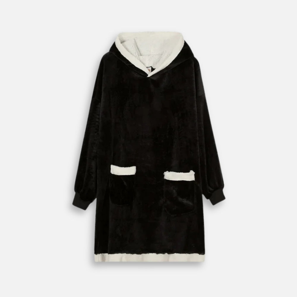 Pull poncho noir polaire capuche doublée sherpa crème avec poches apparentes